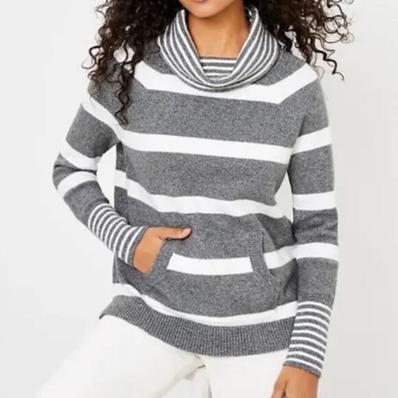 LOFT Women's XL Gray Striped Cowl Neck Sweater with Pocket - Picture 1 of 8